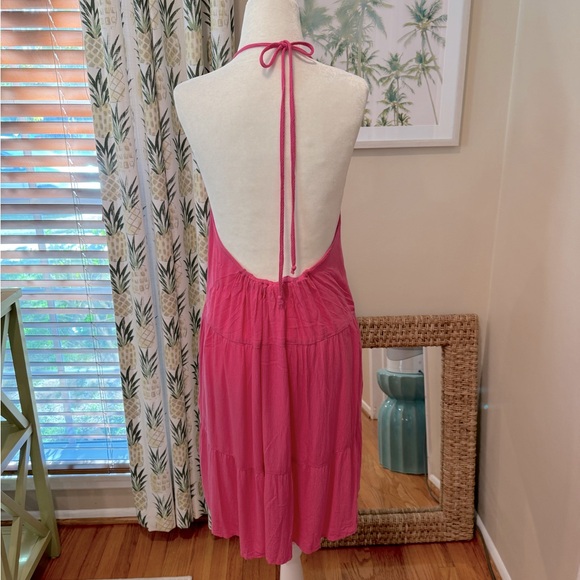 Pink Tie Halter Swim Coverup Backless Dress Ruffle Collar Rayon Size Medium NWT - Picture 3 of 7